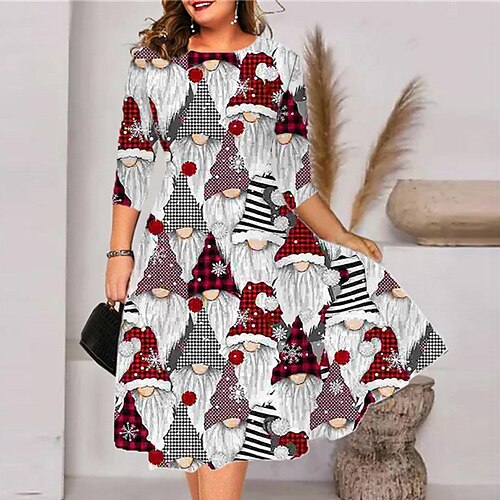 

Women's Plus Size Christmas Dress Work Dress Santa Claus 3/4 Length Sleeve Winter Fall Midi Dress Christmas Dress Work Dress