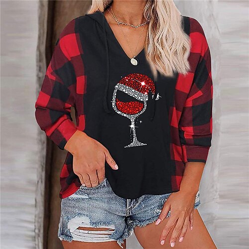 

Women's Plus Size Christmas Tops T shirt Tee Color Block Hat Print Long Sleeve V Neck Casual Festival Daily Polyester Winter Fall Blue Wine