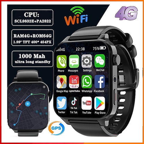 

696 TK01 Smart Watch 1.99 inch 4G LTE Cellular Smartwatch Phone Bluetooth 4G Pedometer Call Reminder Sleep Tracker Compatible with Android iOS Men GPS Hands-Free Calls with Camera IP 67 31mm Watch