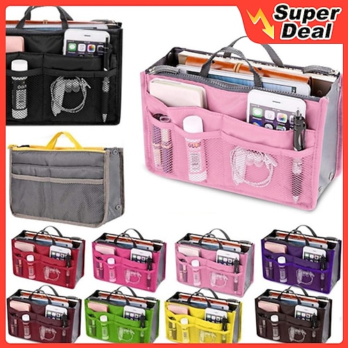 

16 Color Practical Dual Handbag Purse Nylon Dual Organizer Insert Cosmetic Storage Bag Black