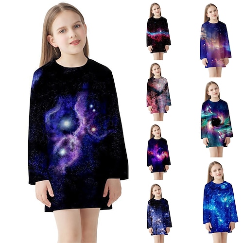 

Kids Girls' Dress Space Shift Dress Above Knee Dress Outdoor Crew Neck Long Sleeve Fashion Dress 2-13 Years Winter Green Black Blue