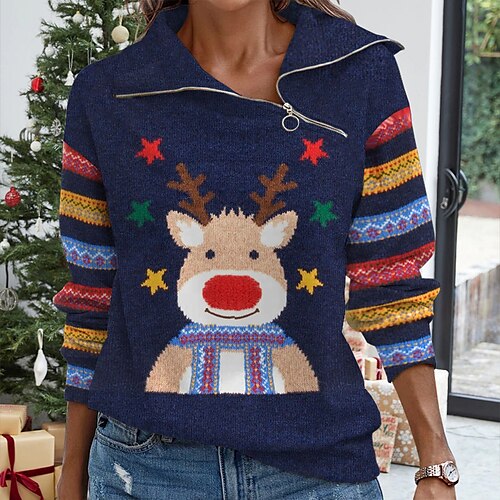 

Women's Sweatshirt Pullover Basic Zipper Blue Gray Reindeer Christmas V Neck Long Sleeve S M L XL 2XL 3XL