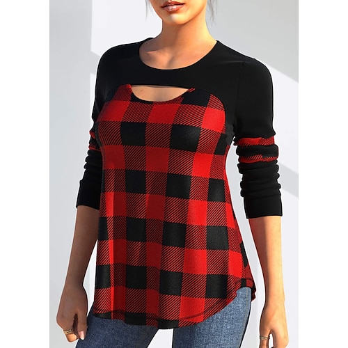 

Women's Blouse Shirt Red Plaid Cut Out Print Long Sleeve Casual Basic Round Neck Regular S