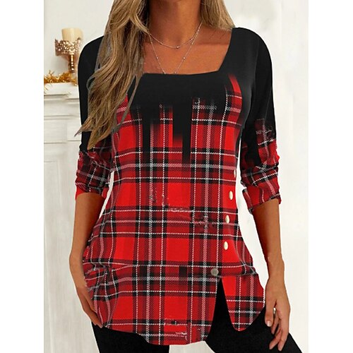 

Women's Blouse Shirt Red Gray Geometric Plaid Button Print Long Sleeve Christmas Casual Basic Square Neck Regular Geometric S