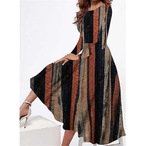 

Women's Casual Dress Swing Dress Midi Dress Khaki Long Sleeve Striped Pocket Winter Fall Spring Crew Neck Fashion Daily Weekend 2022 S M L XL XXL 3XL