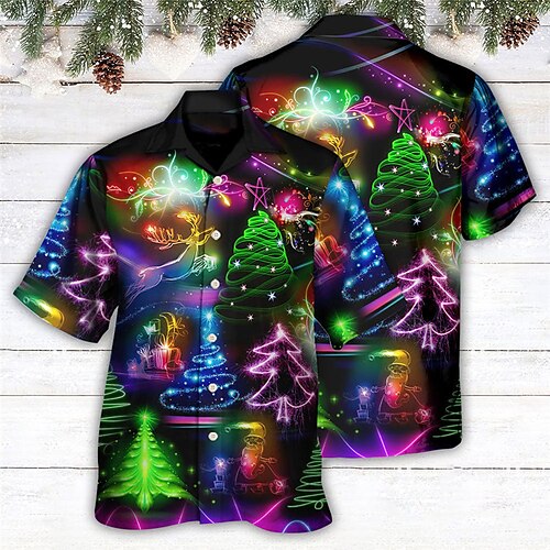 

Men's Shirt Tree Elk Graphic Prints Turndown Black 3D Print Christmas Street Short Sleeve Button-Down Print Clothing Apparel Fashion Designer Casual Breathable