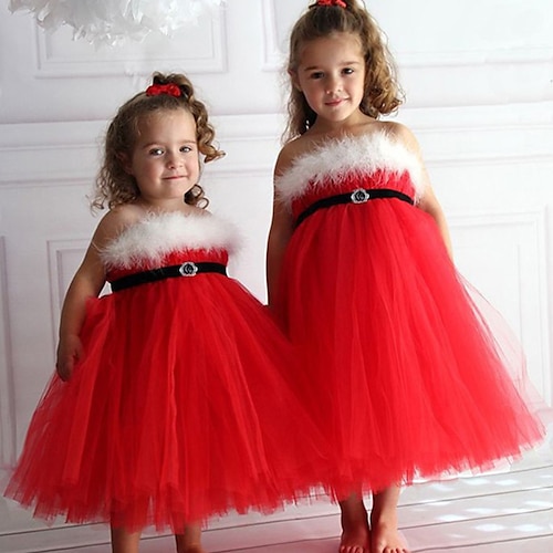 

Toddler Girls' Christmas Party Dress Solid Color Party Dress Midi Dress Performance Off Shoulder Sleeveless Cute Dress 3-7 Years Spring Red