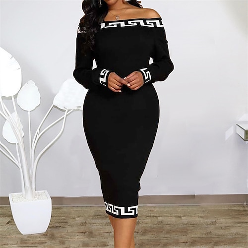 

Mujer Corte Bodycon Vestido tubo Vestido negro Mini vestido Negro Manga Larga Retazos Invierno Otoño Hombros Caídos Fin de semana 2022 XL 2XL 3XL 4XL 5XL