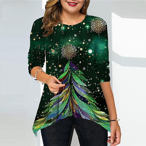 

Women's Plus Size Christmas Tops T shirt Tee Snowman Tree Print Long Sleeve Crew Neck Casual Festival Daily Cotton Spandex Jersey Winter Fall Green Dark Green / Weekend