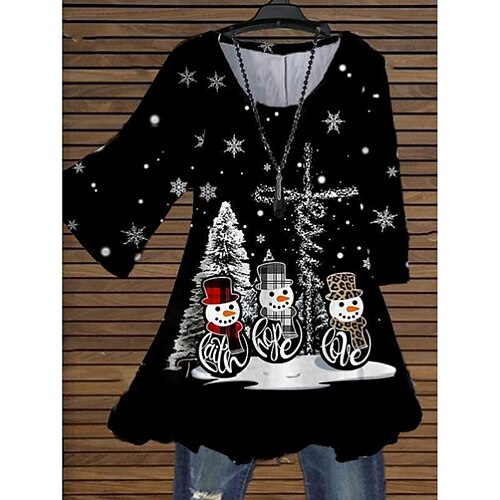 

Women's Plus Size Christmas Tops Blouse Graphic Christmas Tree Print 3/4 Length Sleeve Streetwear Holiday Party Polyester Summer Black Red