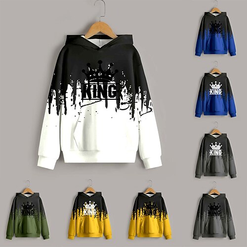 

Kids Boys Hoodie Pullover Color Block Letter Long Sleeve Children Top Casual Hoodie Fashion Cool Green Black Blue Winter 7-13 Years