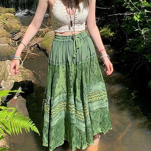 

Women's Skirt Swing Maxi Polyester Green Skirts Drawstring Print Fashion Holiday Weekend S M L