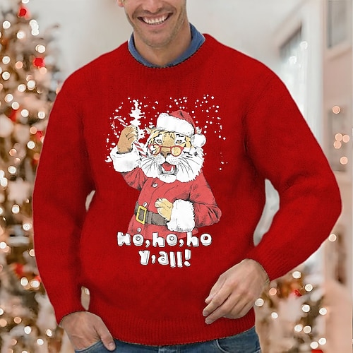 

Men's Sweater Ugly Christmas Sweater Pullover Ribbed Knit Cropped Knitted Santa Claus Crew Neck Keep Warm Modern Contemporary Christmas Work Clothing Apparel Fall & Winter Green Black S M L