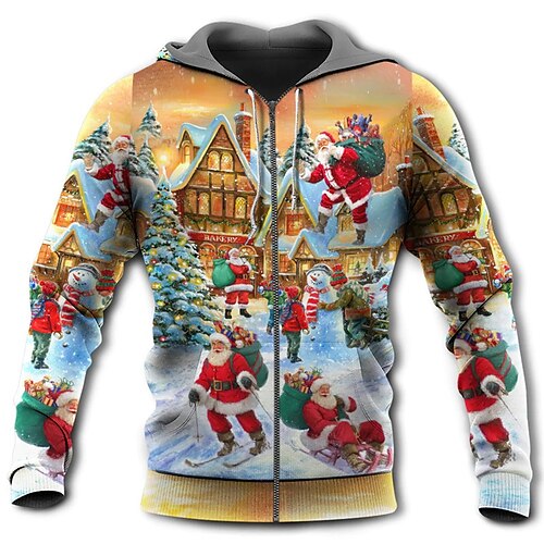

Men's Full Zip Hoodie Jacket Yellow Hooded Santa Claus Graphic Prints Ugly Christmas Zipper Print Sports & Outdoor Daily Sports 3D Print Streetwear Designer Casual Spring & Fall Clothing Apparel