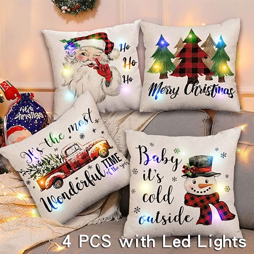 

Christmas LED Lights Throw Pillow Cover 4PC Santa Claus Tree Snowman Soft Decorative Square Cushion Pillowcase for Bedroom Livingroom Sofa Couch Chair Superior Quality