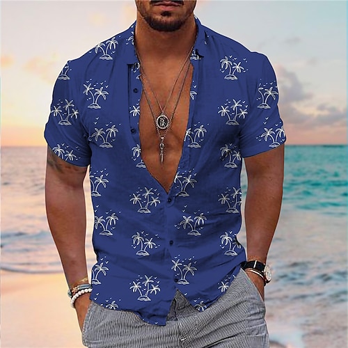 

Men's Shirt Aloha Shirt Coconut Tree Graphic Prints Turndown Green Blue Gray 3D Print Outdoor Street Short Sleeves Button-Down Print Clothing Apparel Tropical Designer Casual Hawaiian