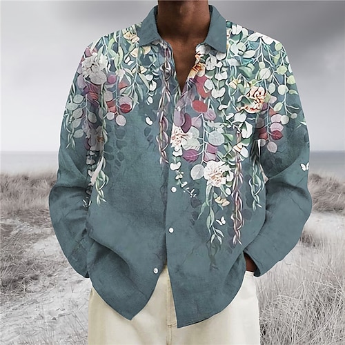 

Men's Shirt Floral Graphic Prints Turndown Blue Purple 3D Print Street Casual Long Sleeve Button-Down Print Clothing Apparel Fashion Designer Casual Soft