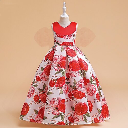 

Kids Girls' Party Dress Graphic Party Dress Maxi Dress Performance Ruched Crew Neck Sleeveless Elegant Dress 3-12 Years Winter Red