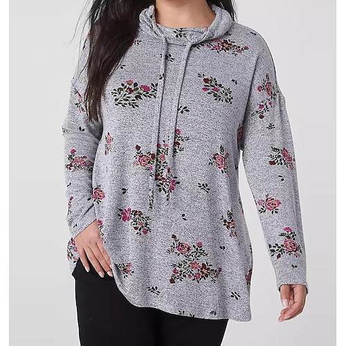 

Women's Plus Size Tops Hoodie Sweatshirt Floral Print Long Sleeve Hooded Casual Modern Vacation Weekend Polyester Winter Fall Gray