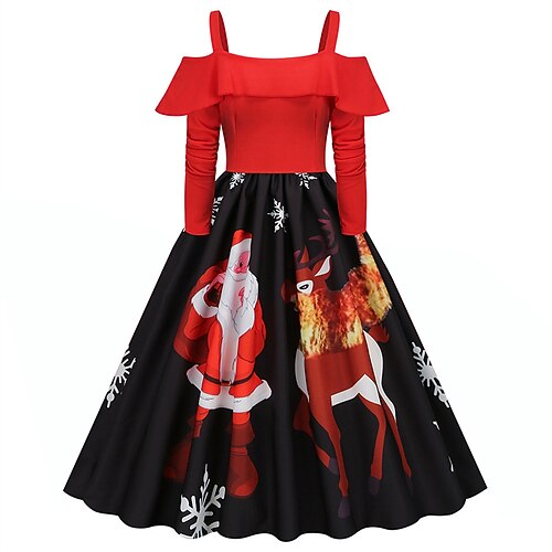 

Women's Christmas Swing Dress Slip Dress Vintage Dress Midi Dress Black Wine Light Red Long Sleeve Santa Claus Cold Shoulder Winter Fall Autumn Spaghetti Strap Modern Vacation 2022 S M L XL XXL 3XL