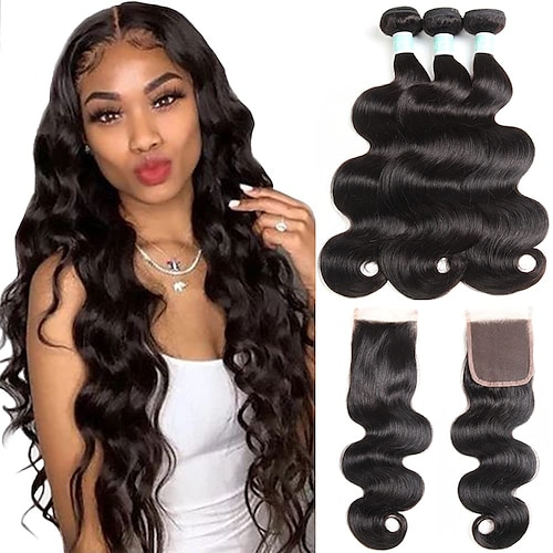 

Hair Brazilian Body Wave Bundles With Closure (18 20 2216 Closure)100% Unprocessed Virgin Human Hair 3 Bundles with Lace Closure 4x4 Free part 8a Human Hair Extensions Natural Black