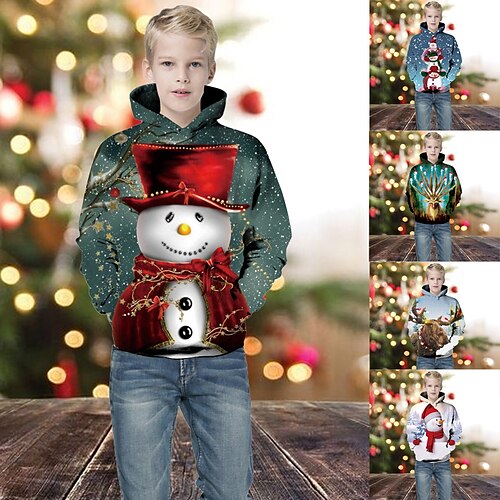 

Kids Boys Christmas Hoodie Pullover Animal Elk Snowman Long Sleeve Children Top Casual Hoodie Active Fashion Light Blue Green Blue Winter 7-13 Years