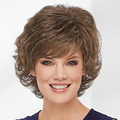 

Sassy Short Wig with Side-Swept Bangs and Tousled Curls / Multi-Tonal Shades of Blonde Silver Brown and Red