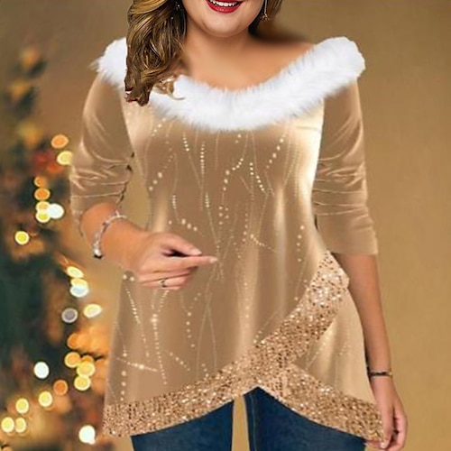 

Women's Plus Size Christmas Tops Blouse Shirt Polka Dot Sequins Print Long Sleeve Off Shoulder Streetwear Elegant Daily Polyester Winter Fall khaki / Weekend