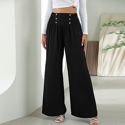 

Women's Wide Leg Pants Trousers Button Elastic Waist Plain Classic Modern Regular Spring & Fall Green Black Purple Pink White