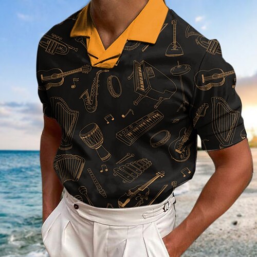 

Men's Polo Shirt Golf Shirt Graphic Prints Guitar Musical Instrument Turndown Black 3D Print Outdoor Street Short Sleeves Print Clothing Apparel Fashion Designer Casual Breathable