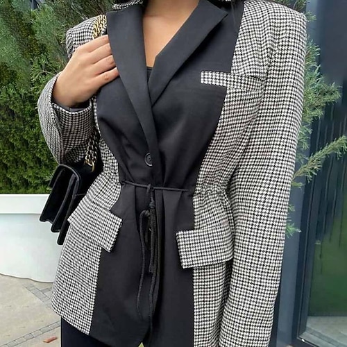 

Women's Jacket Outdoor Patchwork Plaid Breathable Streetwear Regular Fit Outerwear Long Sleeve Winter Black S