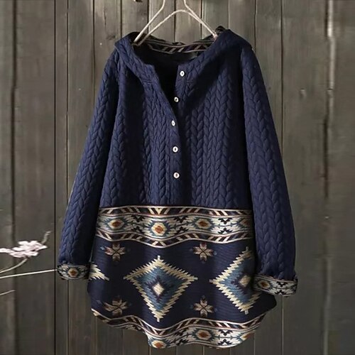 

Women's Pullover Retro Dark Blue Geometric Color Block Street Hoodie Long Sleeve S M L XL 2XL