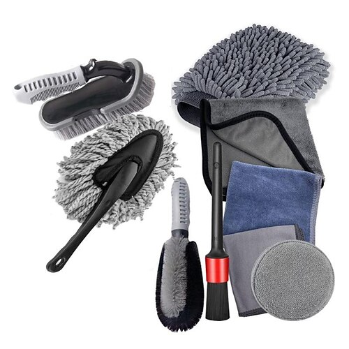 

9pcs Car Cleaning Kit, Upholstery Brush, Detailing Brush, Microfibre Pad, Microfibre Glass Cloth, Wheel Brush, Drying Towel, Mitt, Microfibre Duster