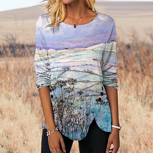 

Women's T shirt Tee Purple Gray Graphic Print Long Sleeve Daily Weekend Basic Round Neck Regular Painting S