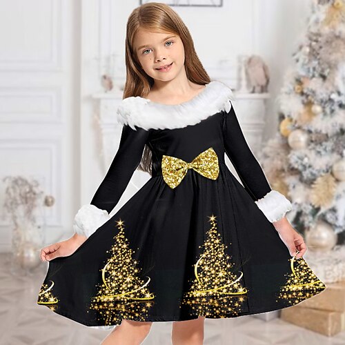

Kids Girls' Christmas Dress Christmas Tree Casual Dress Above Knee Dress Christmas Gifts Fur Trim Crew Neck Long Sleeve Adorable Dress 2-13 Years Winter Black