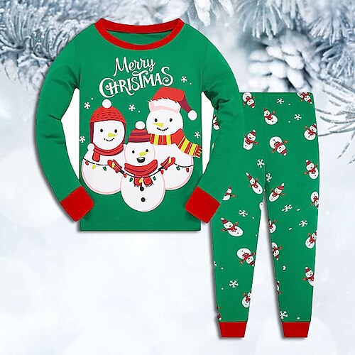 

2 Pieces Kids Boys Ugly Christmas T-shirt & Pants Outfit Letter Elk Snowman Long Sleeve Crewneck Set Casual Cute Daily Winter Fall 7-13 Years Green Wine Red