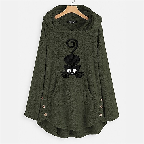 

Women's Plus Size Tops Hoodie Sweatshirt Cat Embroidered Button Long Sleeve Hooded Streetwear Casual Daily Going out Polyester Winter Fall Army Green