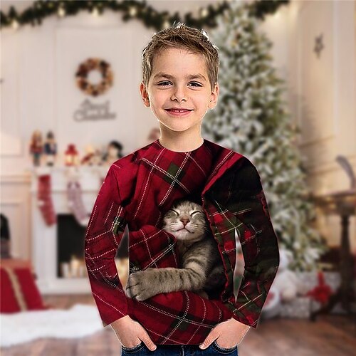 

Kids Boys Christmas T shirt Tee Animal Plaid Cat Long Sleeve Crewneck Children Top Casual Adorable Daily Winter Fall Wine 3-12 Years