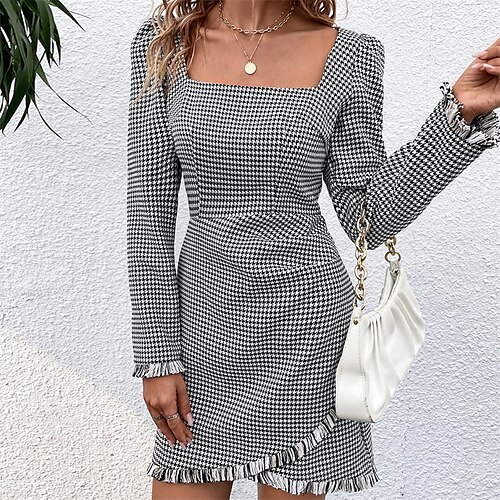 

Women's Casual Dress Bodycon Sheath Dress Mini Dress Black Long Sleeve Color Block Patchwork Winter Fall Spring Square Neck Fashion 2022 XS S M L