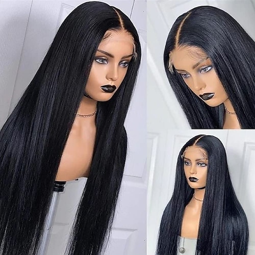 

Long Straight Black Hair Middle Part Glueless Synthetic Lace Front Wigs for Women 22 inch