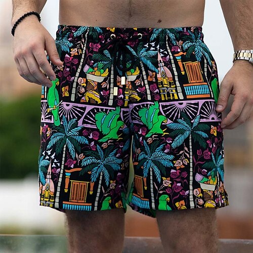 

Men's Swim Shorts Swim Trunks Board Shorts Drawstring Elastic Waist Bird Coconut Tree Print Comfort Breathable Casual Daily Beach Fashion Streetwear Black Blue Micro-elastic