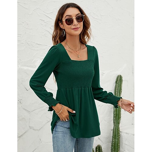 

damen puff langarm shirts eckig hals bluse lässig gesmokt tunika tops frühling herbst winterkleidung s-xl