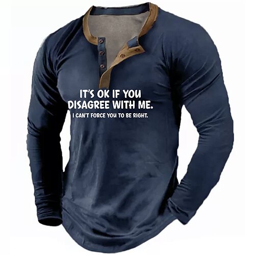 

Men's Henley Shirt T shirt Tee Tee Graphic Letter Henley Royal Blue 3D Print Outdoor Daily Long Sleeve Button-Down Print Clothing Apparel Basic Designer Casual Classic