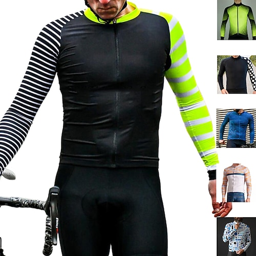 

21Grams Men's Cycling Jersey Long Sleeve Bike Jersey Top with 3 Rear Pockets Mountain Bike MTB Road Bike Cycling Breathable Quick Dry Moisture Wicking Reflective Strips Black Green Army Green Stripes