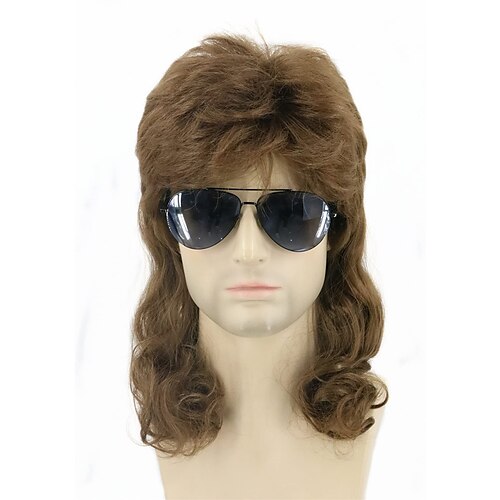 

Men Wigs 80s Mullet Wig Black Curly Male Wig Halloween Costumes Punk Rocker Wig Long