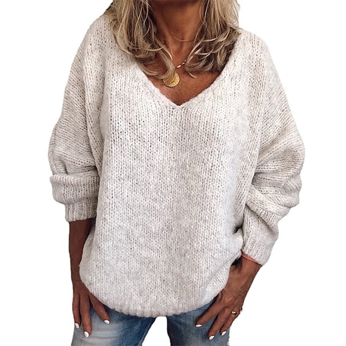 

Women's Pullover Sweater Jumper Crochet Knit Knitted Pure Color V Neck Stylish Casual Outdoor Home Winter Fall Gray White S M L / Long Sleeve / Daily / Weekend