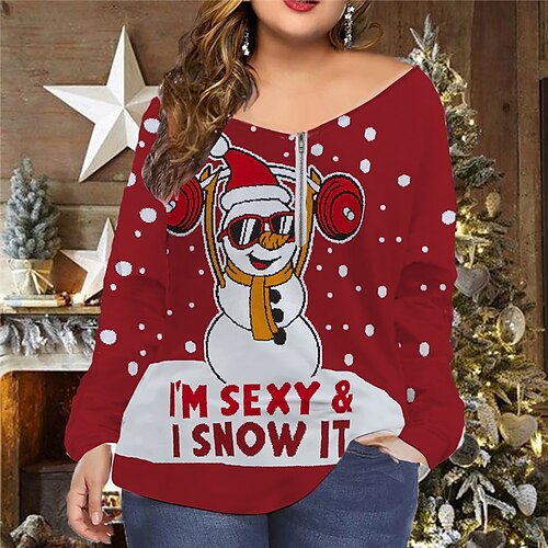 

Women's Plus Size Christmas Tops T shirt Tee Snowman Hat Zipper Print Long Sleeve V Neck Casual Festival Daily Cotton Spandex Jersey Winter Fall Black Wine