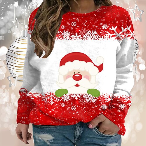 

Women's Plus Size Christmas Tops Pullover Sweatshirt Deer Santa Claus Print Long Sleeve Crewneck Casual Festival Daily Polyester Winter Fall Dark Red Wine