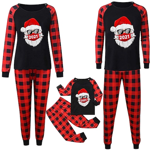 

Christmas Pajamas Family Plaid Santa Claus Number Home Black Long Sleeve Basic Matching Outfits