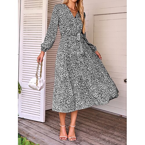 

Women's Casual Dress Swing Dress Floral Dress Long Dress Maxi Dress Black Pink Light Blue Long Sleeve Flower Ruffle Fall Autumn V Neck Fashion Weekend Fall Dress 2022 S M L XL